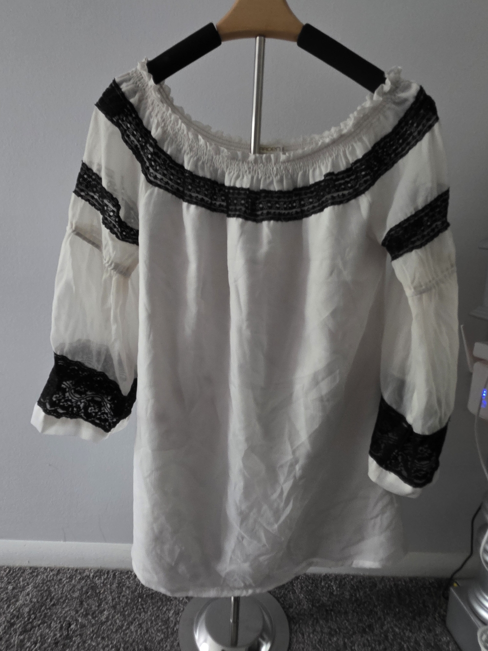 Arden B White Off-Shoulder Tunic with Black Lace Accents